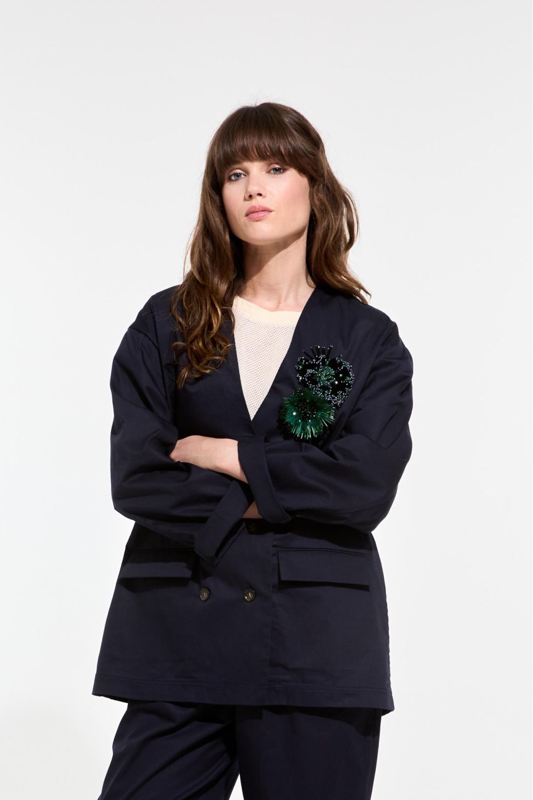 Embroidered Anemone Brooch - Green