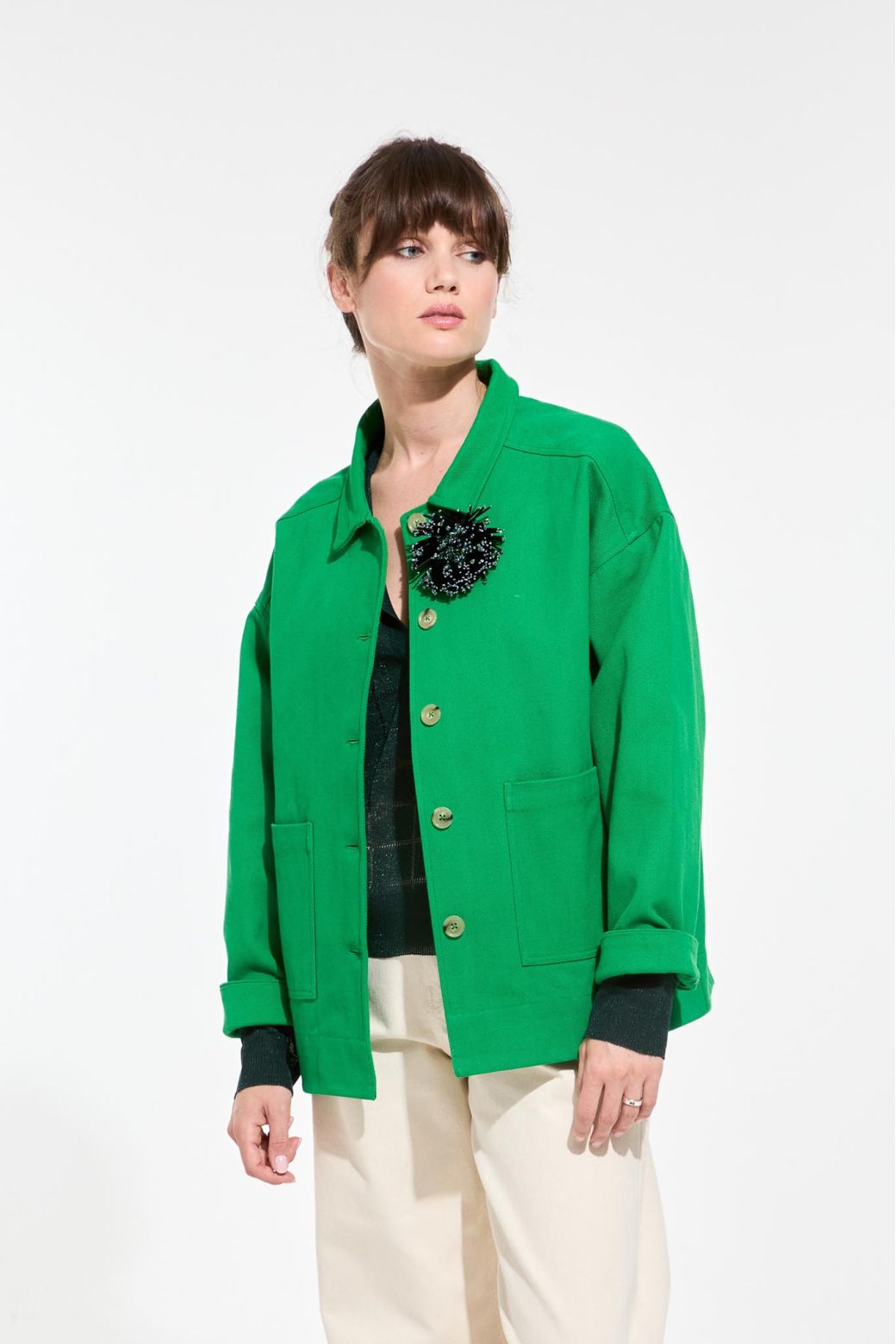 Embroidered Anemone Brooch - Black