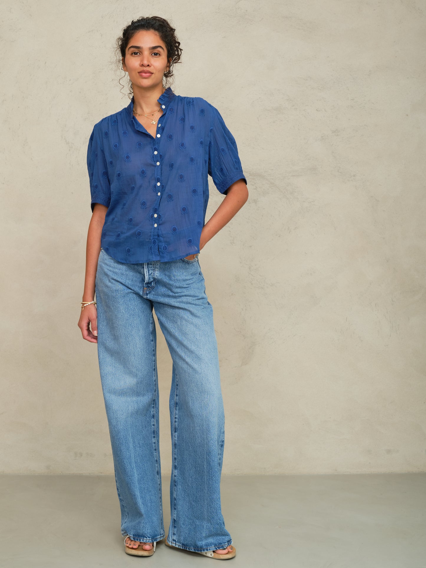 Frannie Embroidered Short Sleeve - Cobalt