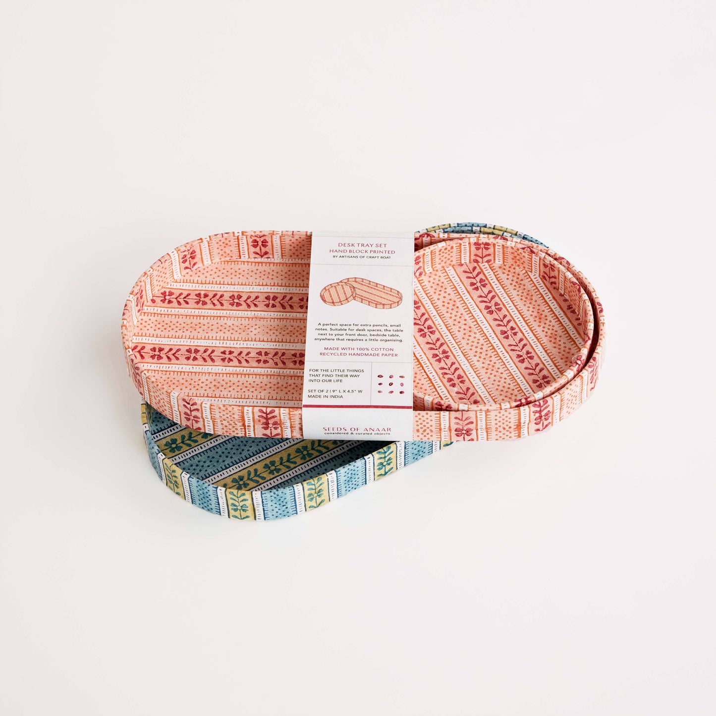 Block Print Desk Tray Set - Floral Stripe Blue
