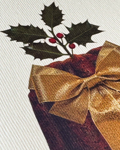 Christmas Plum Pudding Gold Bow Greeting Card