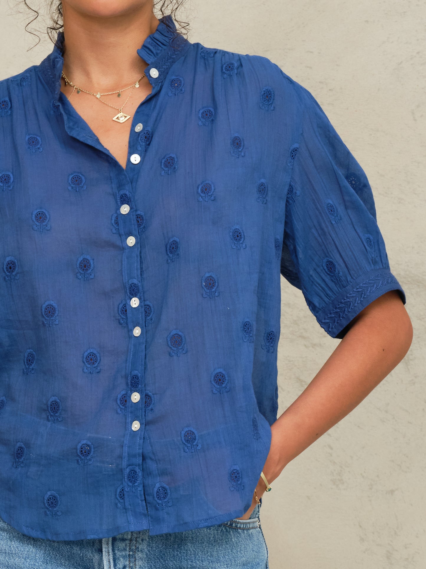 Frannie Embroidered Short Sleeve - Cobalt