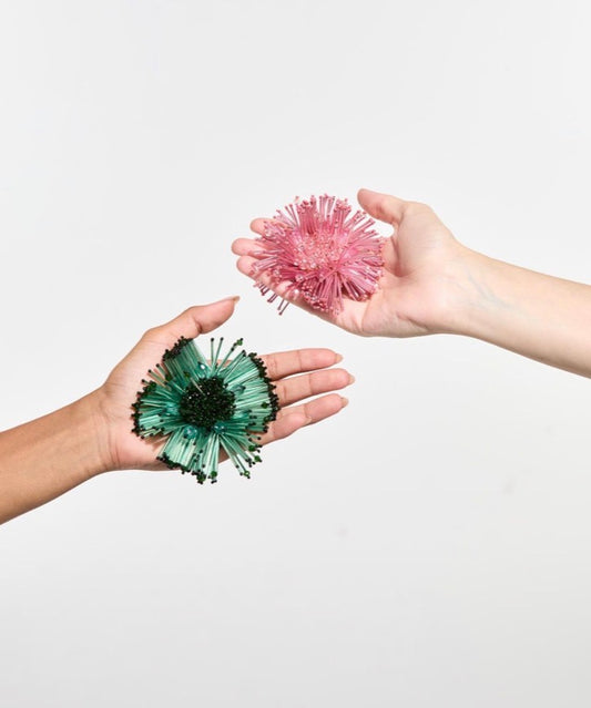 Embroidered Anemone Brooch - Green