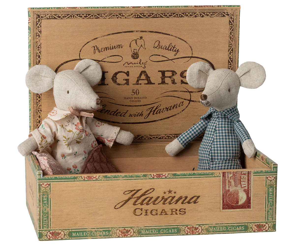 Grandma & Grandpa Mice in Cigar Box
