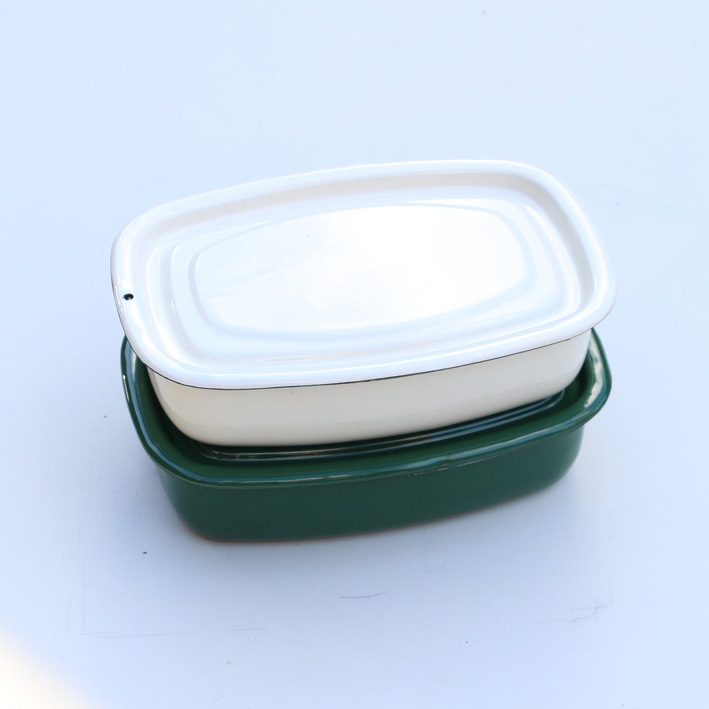 Enamel  dish and lid: Large dark green
