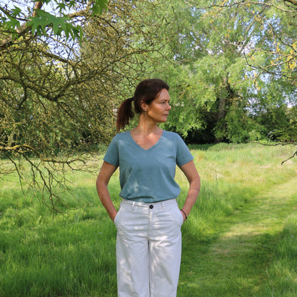 Biril V-neck Cotton Tee - Sage