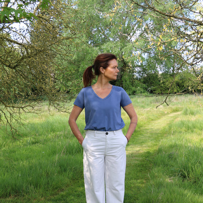 Biril V-neck Cotton Tee - Denim blue