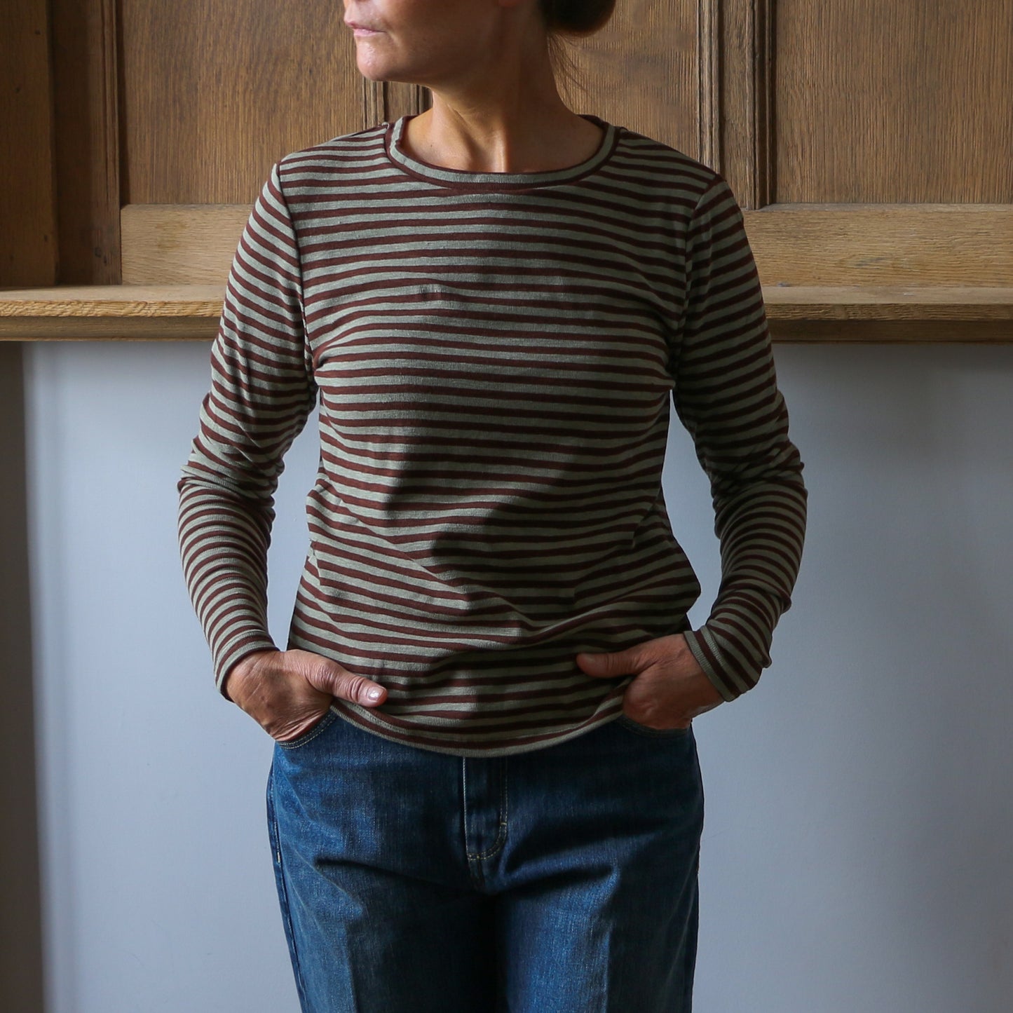 Prisca Long Sleeve - Brown/Sage Stripe