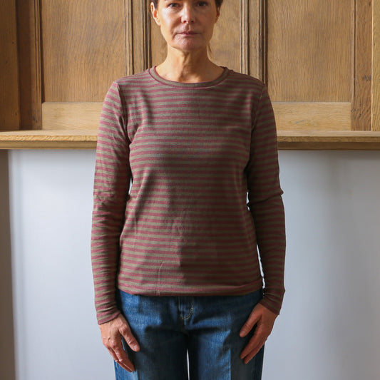 Prisca Long Sleeve - Army/Maroon Stripe