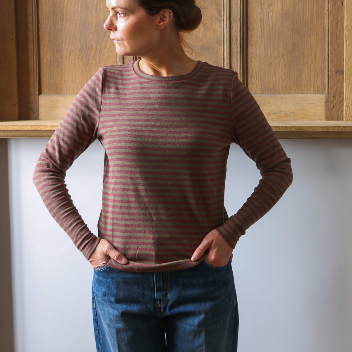 Prisca Long Sleeve - Army/Maroon Stripe