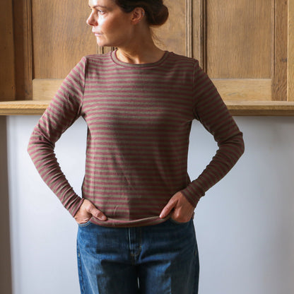 Prisca Long Sleeve - Army/Maroon Stripe