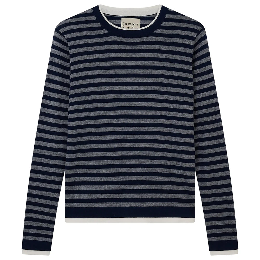 Striped Double Trim Crew Jumper / Navy