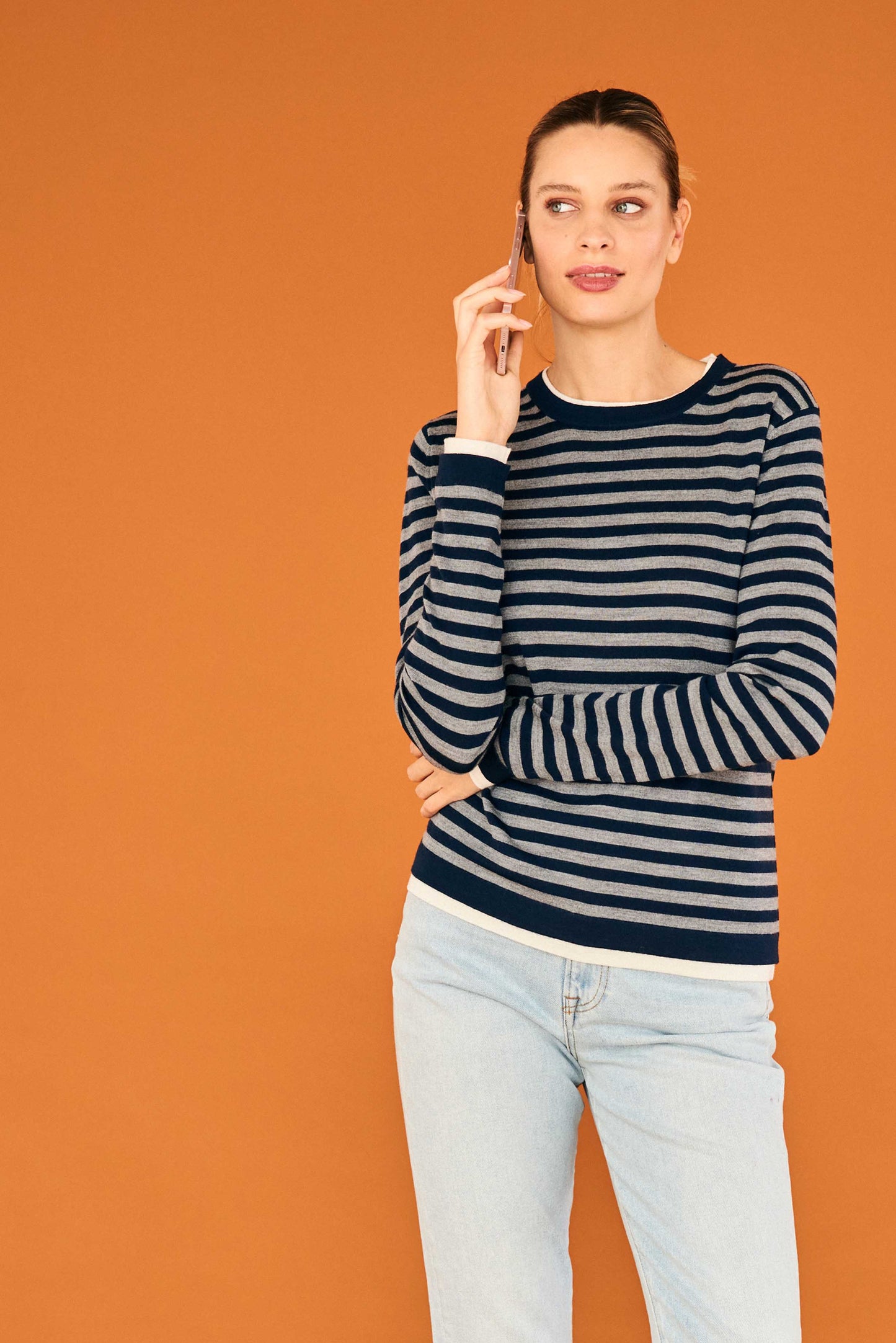 Striped Double Trim Crew Jumper / Navy