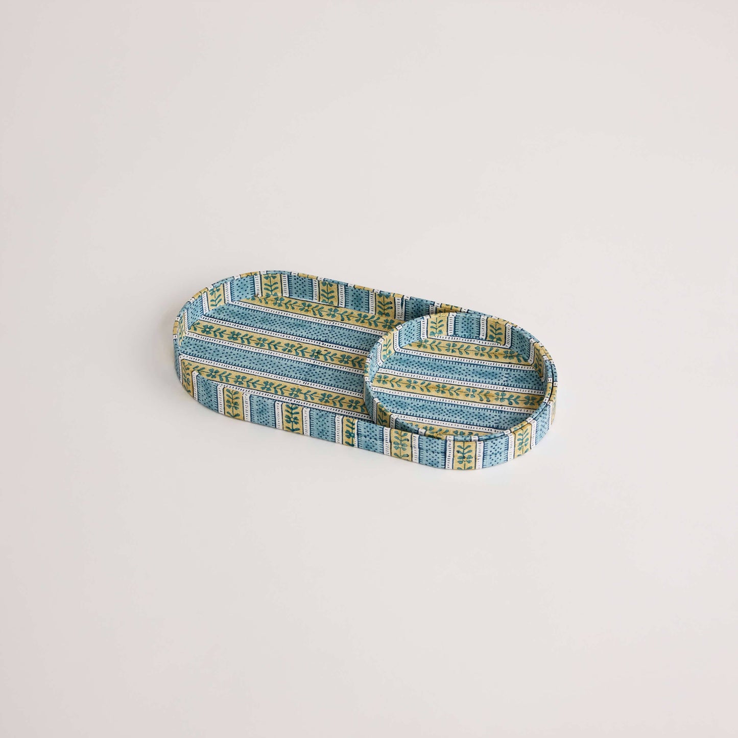 Block Print Desk Tray Set - Floral Stripe Blue